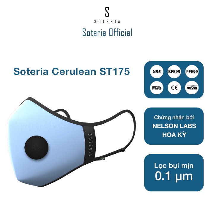 Khẩu trang tiêu chuẩn Quốc Tế SOTERIA Cerulean ST175 - Bộ lọc N95 BFE PFE 99 lọc đến 99% bụi mịn 0.1 micro- Size S,M,L