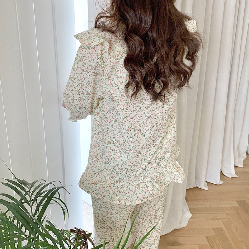 Bộ Đồ Ngủ Tay Dài Phối Bèo In Hoa Phong Cách Hàn Quốc Xinh Xắn Cho Nữ