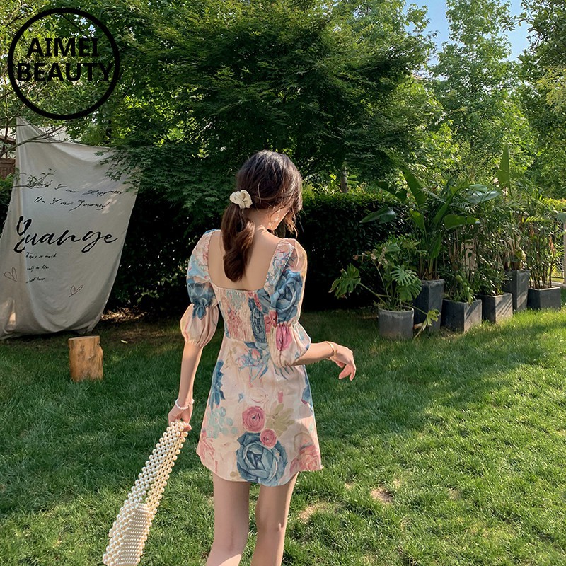 Đầm Nữ Tay Phồng Cổ Vuông Họa Tiết Hoa Phong Cách Retro | BigBuy360 - bigbuy360.vn