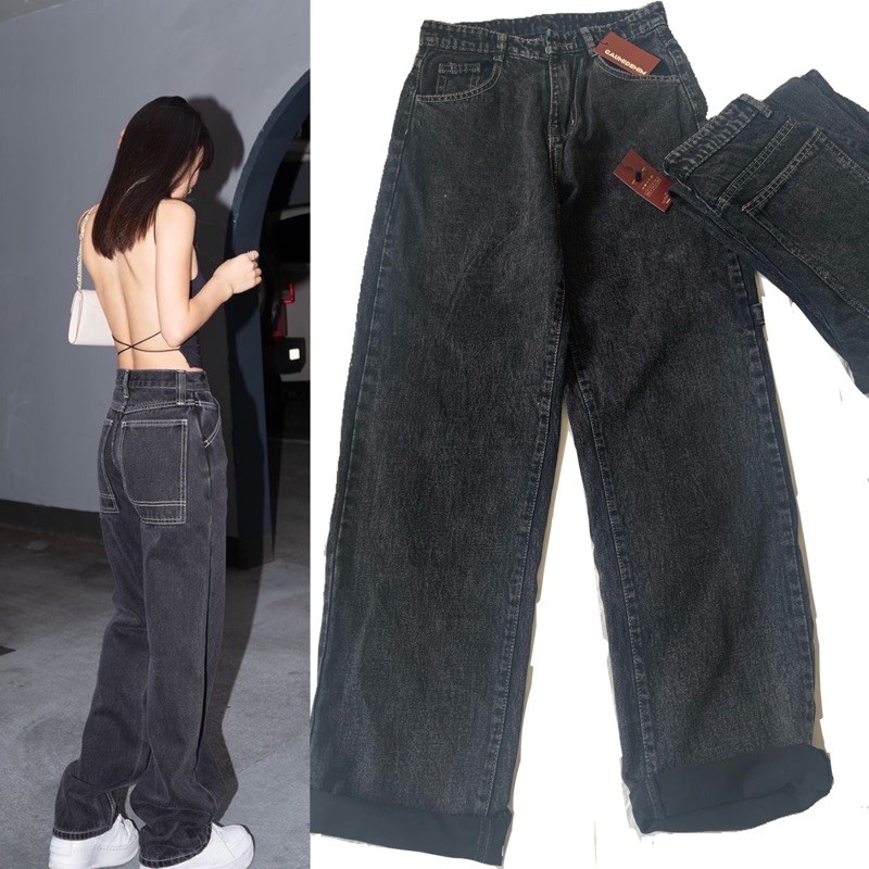 Quần jean nữ ống rộng lưng cao lưng cao dáng suông chất đẹp màu xám khói quần bò nữ cao cấp - GD05