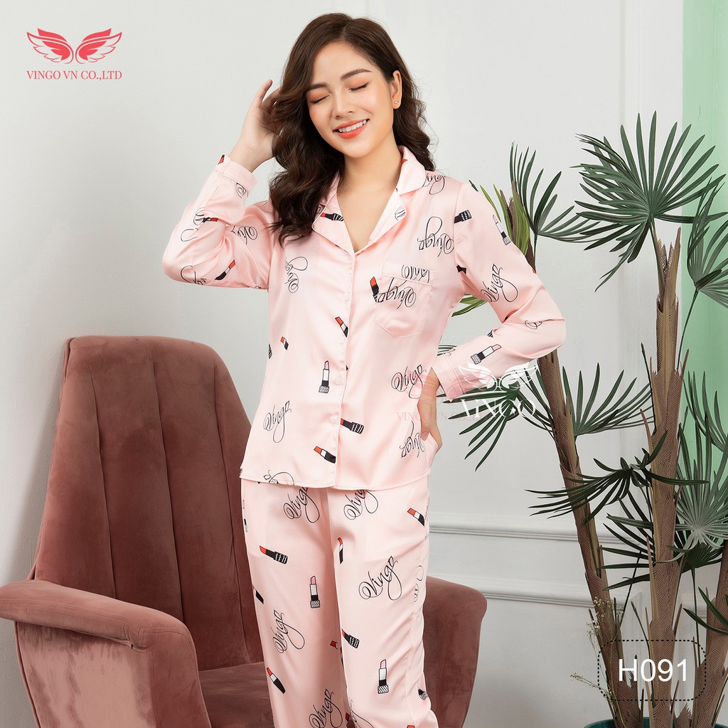 VINGO Bộ Pijama Mặc Nhà Nữ Lụa Pháp Cao Cấp Dáng Tay dài Quần Dài Họa Tiết Son Môi Và Dâu H091 VNGO