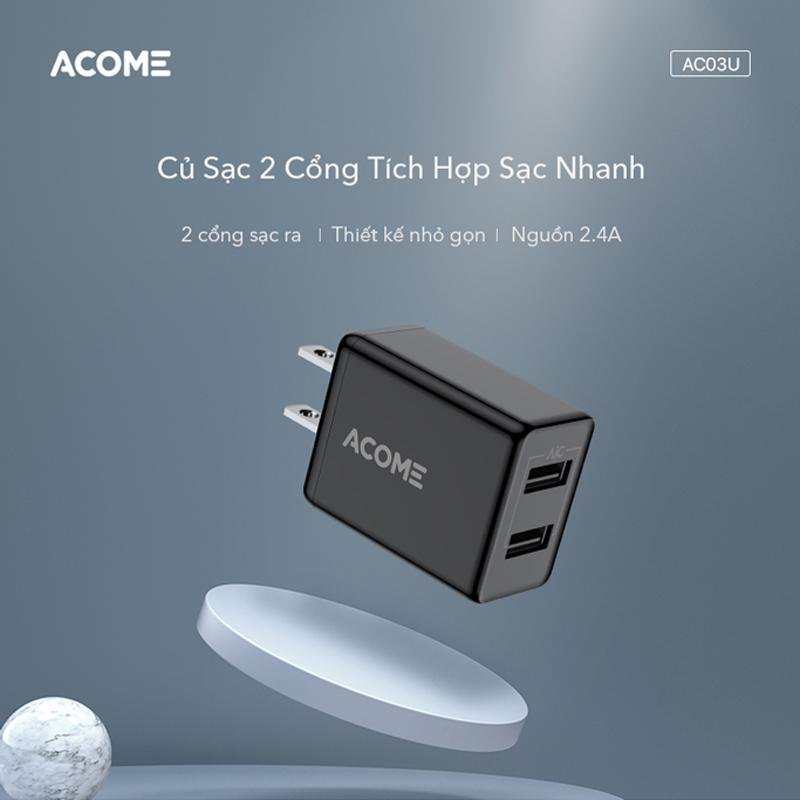 Củ sạc chính hãng Acome 2 cổng USB 2.4A tích hợp sạc nhanh AC03U Đen