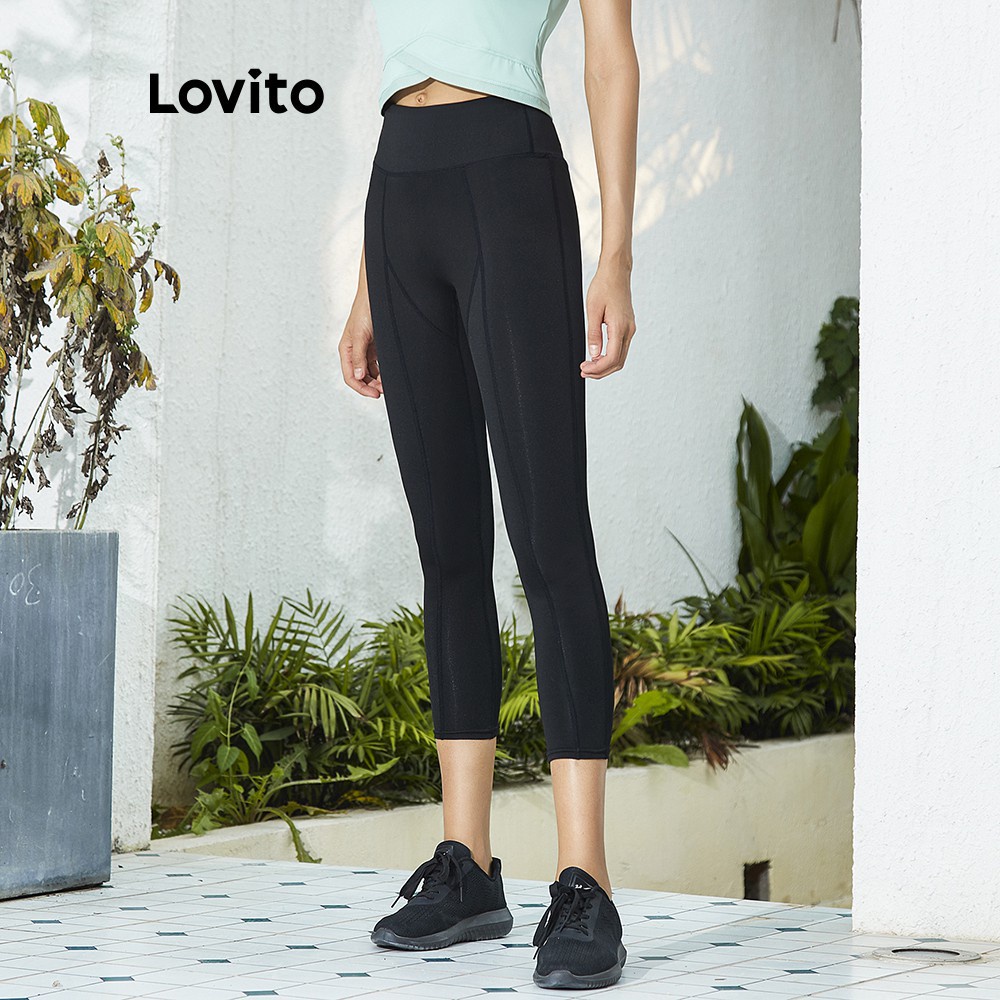 Quần legging thể thao Lovito lưng cao màu trơn L02109 (màu đen) | BigBuy360 - bigbuy360.vn