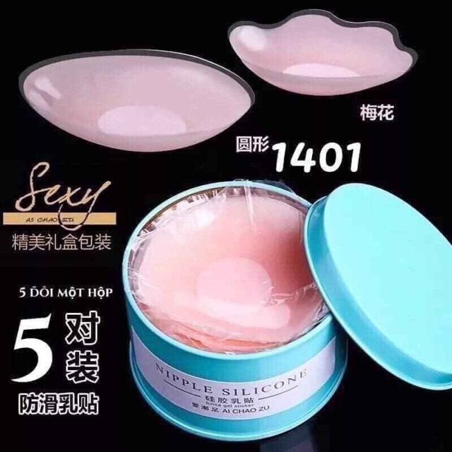 HỘP 5 CẶP DÁN NHŨ HOA SILICON - hộp 5 cặp dán ngực, dán Ti vỏ xanh