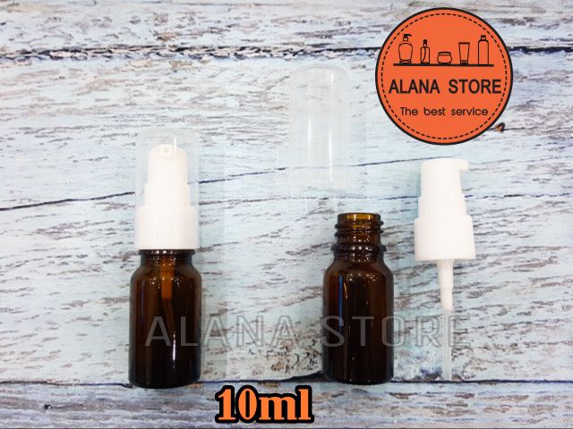 Lọ chiết mỹ phẩm thủy tinh nâu vòi ấn ngắn trắng 10ml