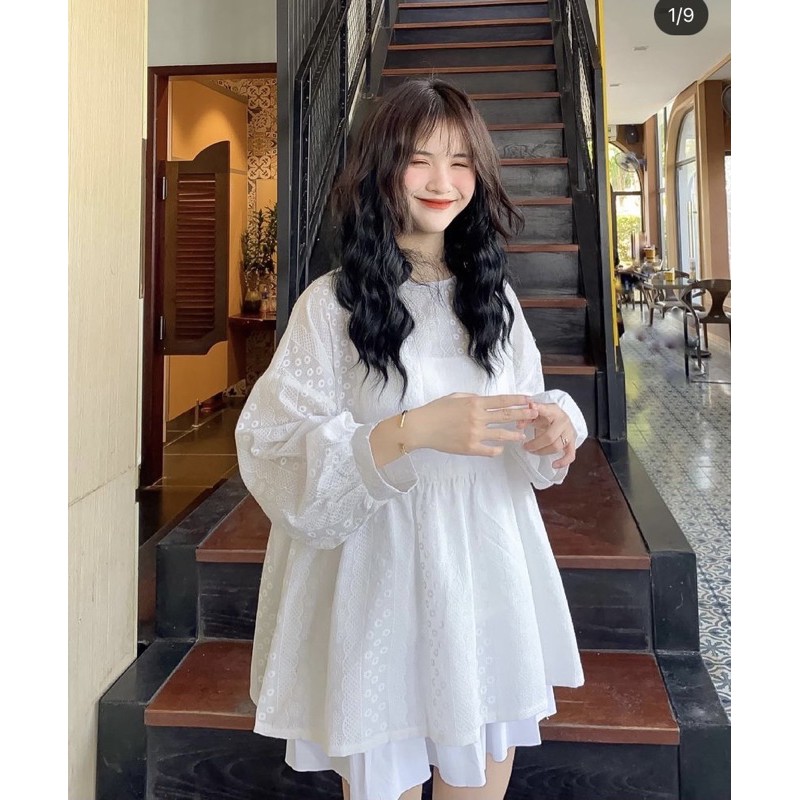 [Ảnh thật/Sẵn]Áo babydoll thô ren hoa nổi dáng rộng/Áo babydoll form rộng Ulzzang | BigBuy360 - bigbuy360.vn