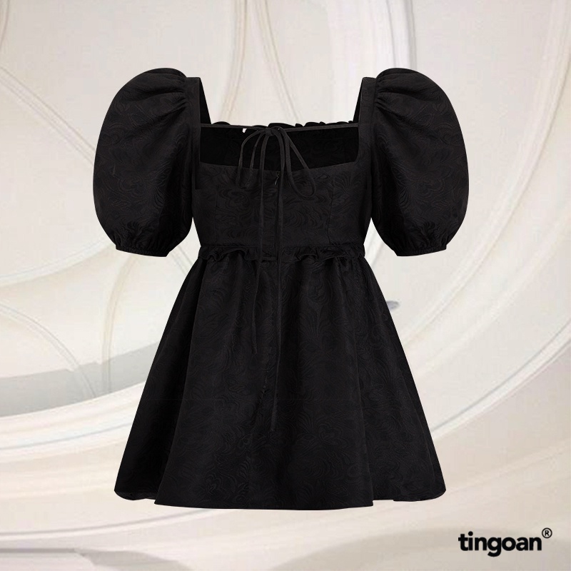 TINGOAN® - Áo babydoll vải gấm cổ vuông buộc nơ lưng đen I’M BLUSHING TOP/BL