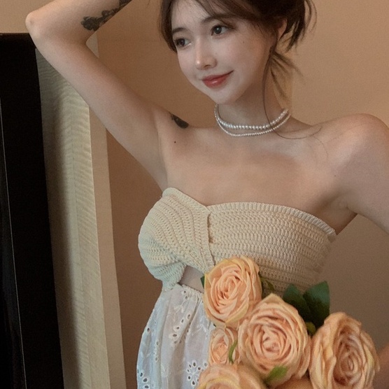 Áo ZHELIHANGFEI dệt kim phối ren hở vai quyến rũ thời trang sành điệu