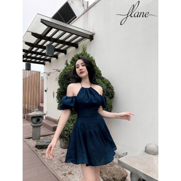 Đầm dạo phố cổ yếm rớt vai Navy Dress
