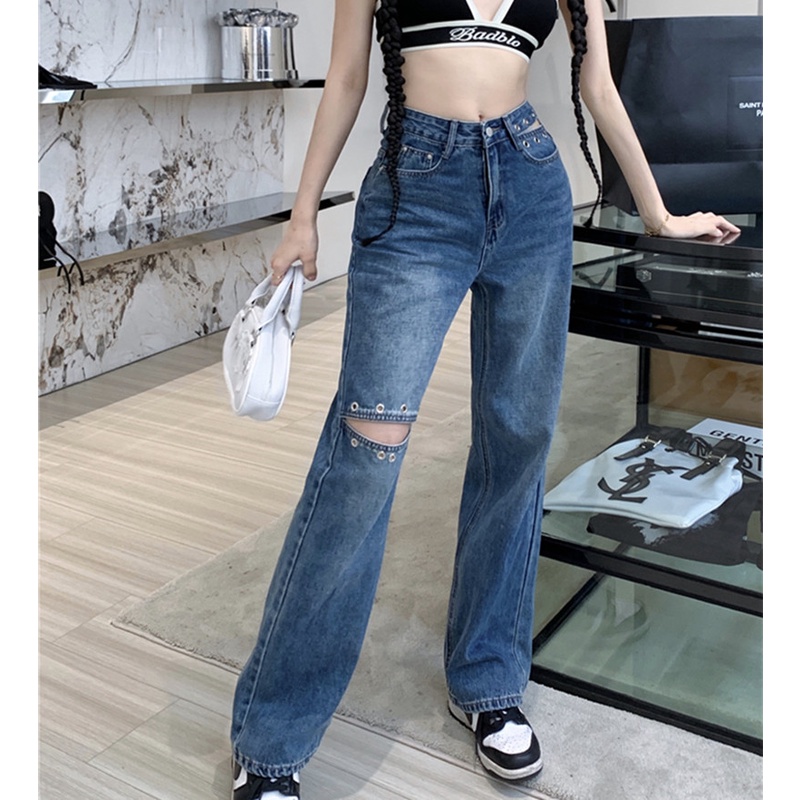 Quần Jean Nữ Lưng Cao Rách Gối Thời Trang