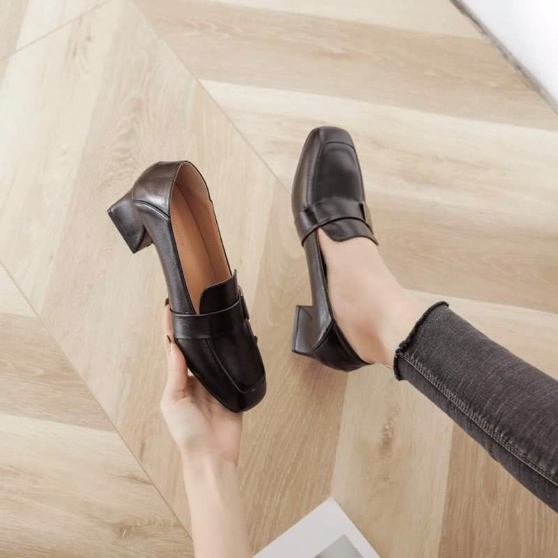 GIÀY DA MỀM 5P KHUY VUÔNG | TRẮNG NÂU ĐEN