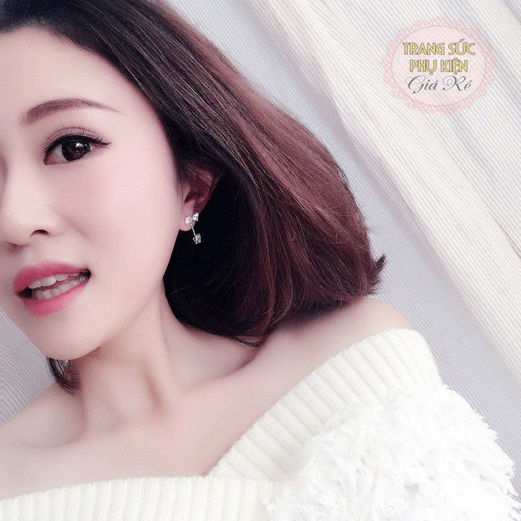 Bông tai nữ bạc Ý S925 thời trang Hàn Quốc hình nơ và trái tim nhỏ xinh HT142