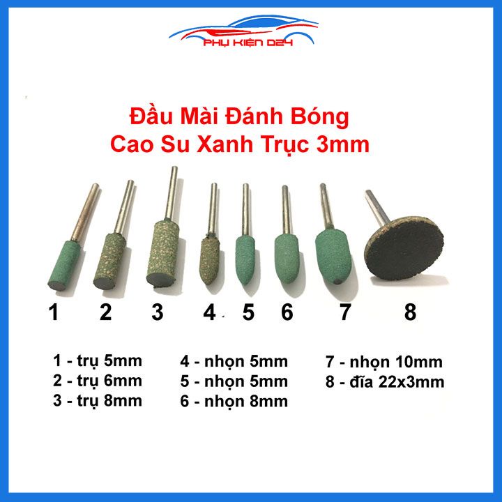 Mũi mài cao su xanh cán lắp 3mm mũi nhọn trụ đĩa đánh bóng gỗ nhựa thạch cao