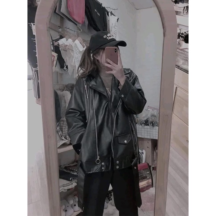 Áo khoác da cổ bẻ dáng rộng unisex
