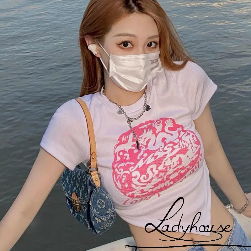 Áo Thun Crop Top Tay Ngắn Cổ Tròn In Họa Tiết Phong Cách Vintage Dành Cho Nữ