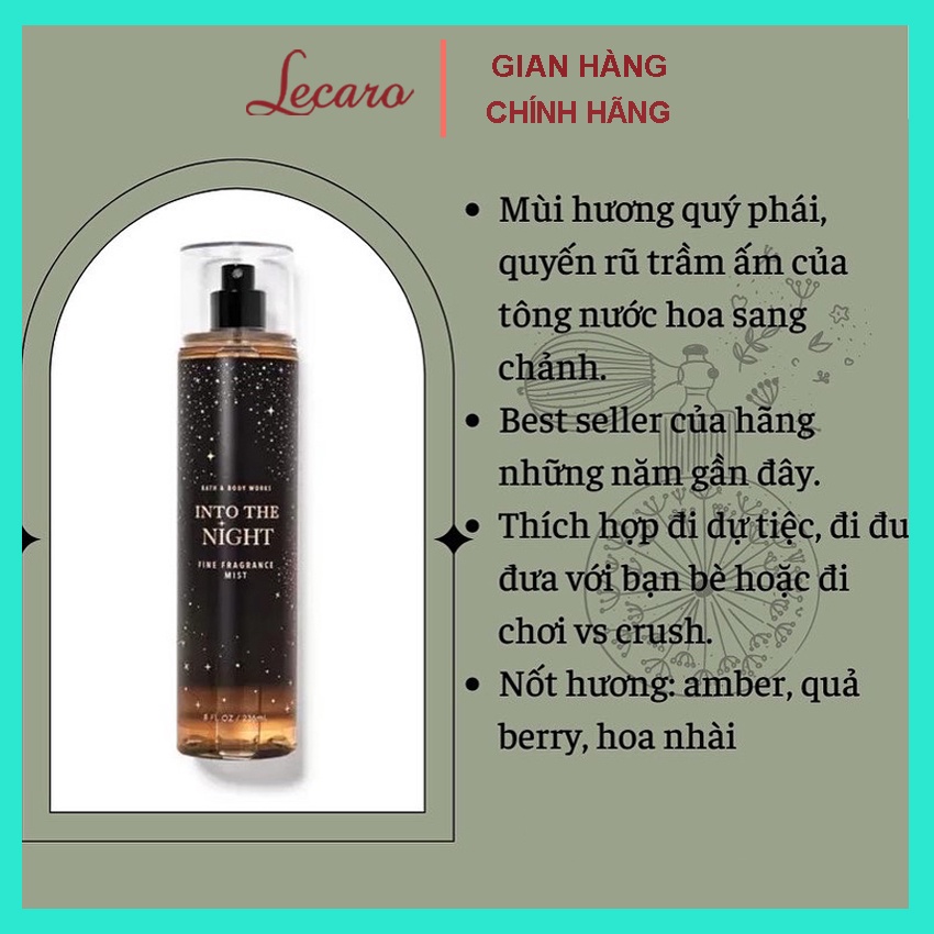 Body Mist  INTO THE NIGHT 236ML, Xịt Khử Mùi Toàn Thân, Nước Hoa Thơm Lâu, Nội Địa Trung LECARO