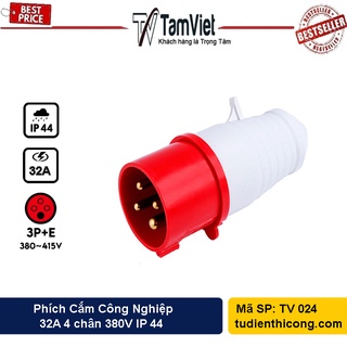 Phích cắm công nghiệp 3 pha 32A 4 chấu Tâm Việt, chuôi cắm điện màu đỏ điện áp 380V