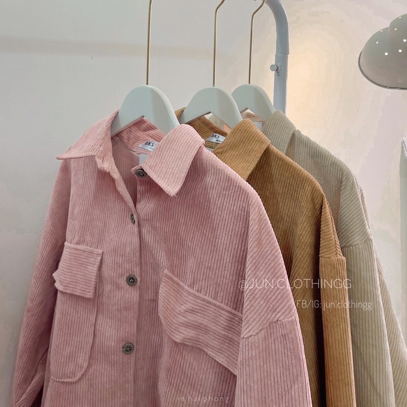 Áo khoác nhẹ dáng sơmi nhung gân gài nút unisex ulzzang nam nữ