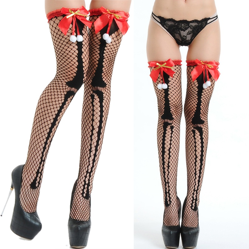 Xiangbao Tất Lưới Dài Qua Gối Họa Tiết Bộ Xương Giáng Sinh Cho Nữ