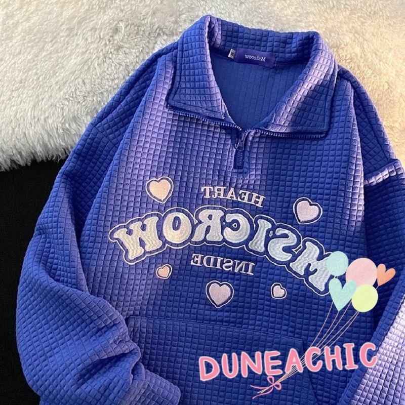DUNEA Áo Sweater Cổ POLO Màu Xanh Dương Thêu Chữ Waffle Klein Cổ Điển Cho Nữ DUNEA