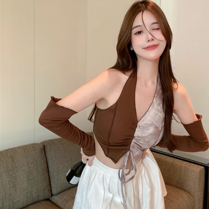 Áo croptop Tay Dài Phối Dây Rút Phong Cách Retro Dành Cho Nữ