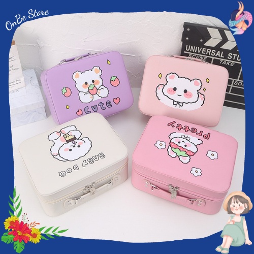 Hộp đựng đồ makeup cá nhân đã PU dạng vali xách tay kèm gương gắn bên trong họa tiết dễ thương OnBe Store