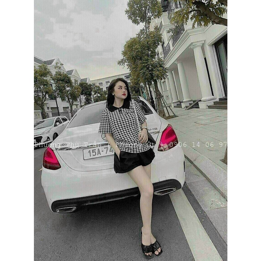 Set bộ đùi thun, set bộ đùi nữ mặc đi chơi, set tiểu thư Hàn Quốc, áo thun kẻ caro, quần short nữ