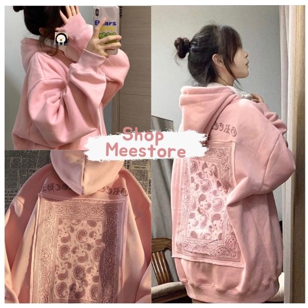 Áo Hoodie Bandana Nữ MEESTORE- Sweater Hồng Họa Tiết Thổ Cẩm Dáng Rộng Tay Bồng Mũ 2 Lớp Ullzang