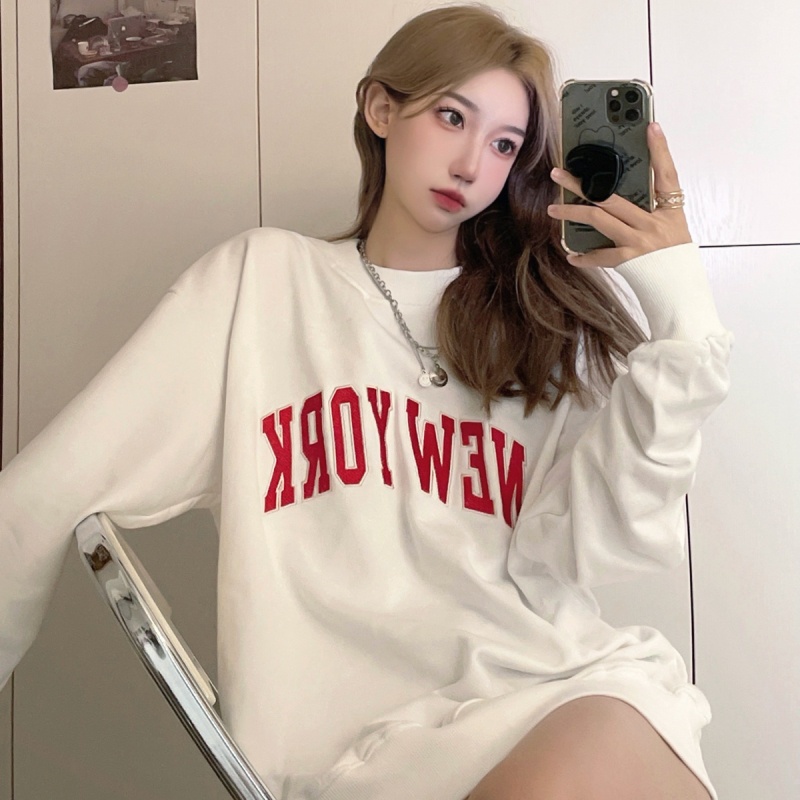 SUXI Áo sweater cổ tròn thêu chữ phong cách mùa thu mới cho nữ