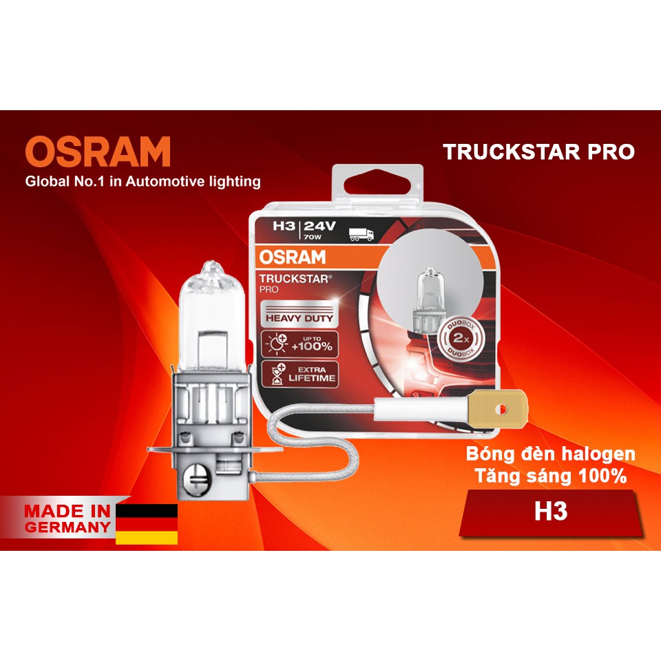 Combo 2 Bóng Đèn Halogen Tăng Sáng 100% OSRAM Truckstar Pro H3 24V 70W - Nhập Khẩu Chính Hãng