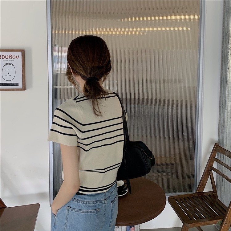 Xiaozhainv Áo Thun Dệt Kim Cổ Tròn Tay Ngắn Kẻ Sọc Kiểu Hàn Quốc 2 Màu Lựa Chọn Thời Trang Cho Nữ