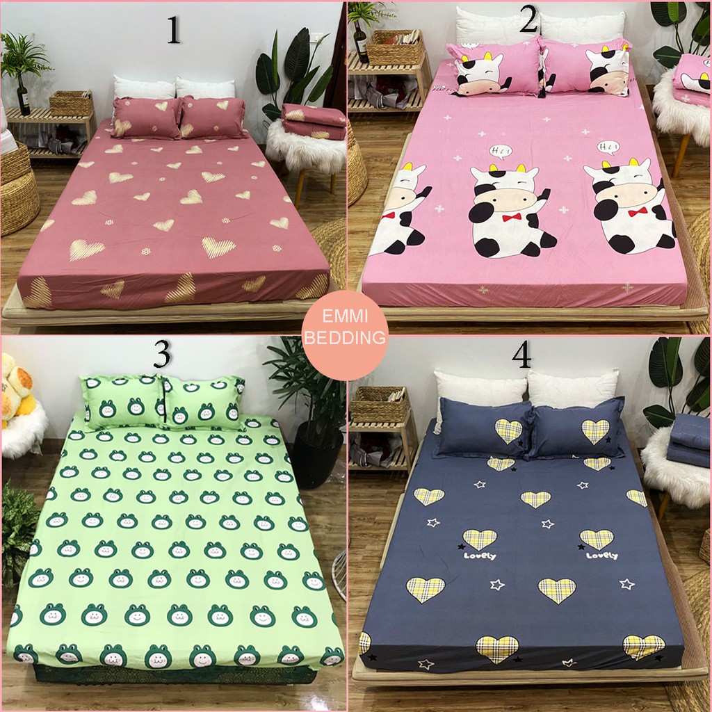 Bô ga gối cotton poly EmmiBedding, ga chun và 2 áo gối nằm siêu xinh