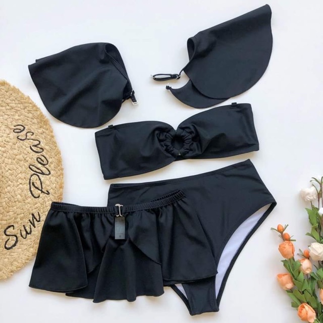 [BKN607] &lt;ÂU&gt; SET BIKINI CÁNH TIÊN KÈM VÁY QUÂY ĐEN/ĐỎ/TRẮNG (CẠP CAO)