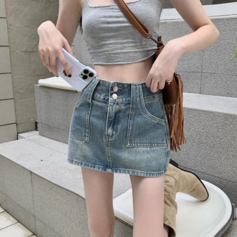 Chân Váy Jean Lưng Cao Cài Nút Đôi Phong Cách Retro Thời Trang Mùa Hè Cho Nữ