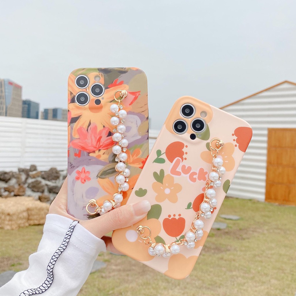 3D Luxury Fashion Pearl Sasanqua Flower wrist bracelet Phone Case For iPhone 12 11 Pro X XR XS Max 7 8 Plus Soft silicone cover for se 2020