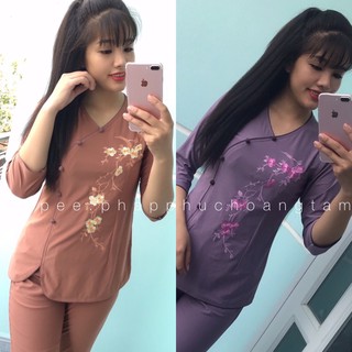 Đồ lam đi chùa # thun tim thêu hoa mai