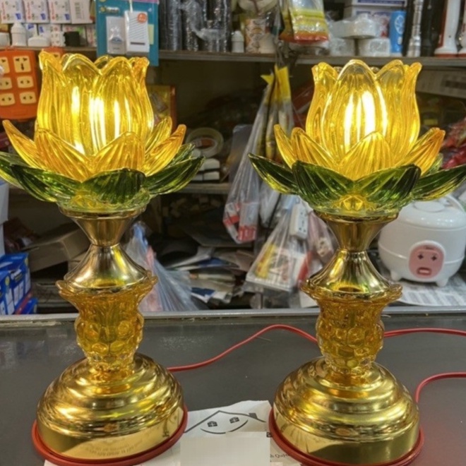 , Đèn thờ hoa sen pha lê dùng điện cao 20cm