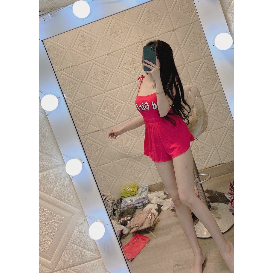Sét bộ áo hai dây croptop in chữ girl phối quần đùi cực xinh , chất thun gân mềm mịn