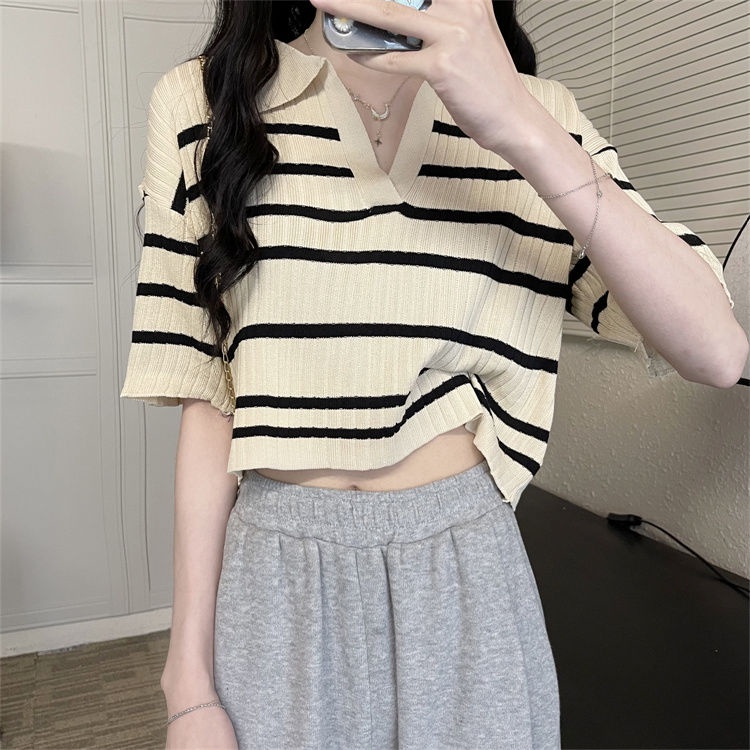 Áo polo Dệt Kim Ngắn Tay Họa Tiết Kẻ Sọc Thời Trang Cho Áo phông Nữ NZ-TX-254
