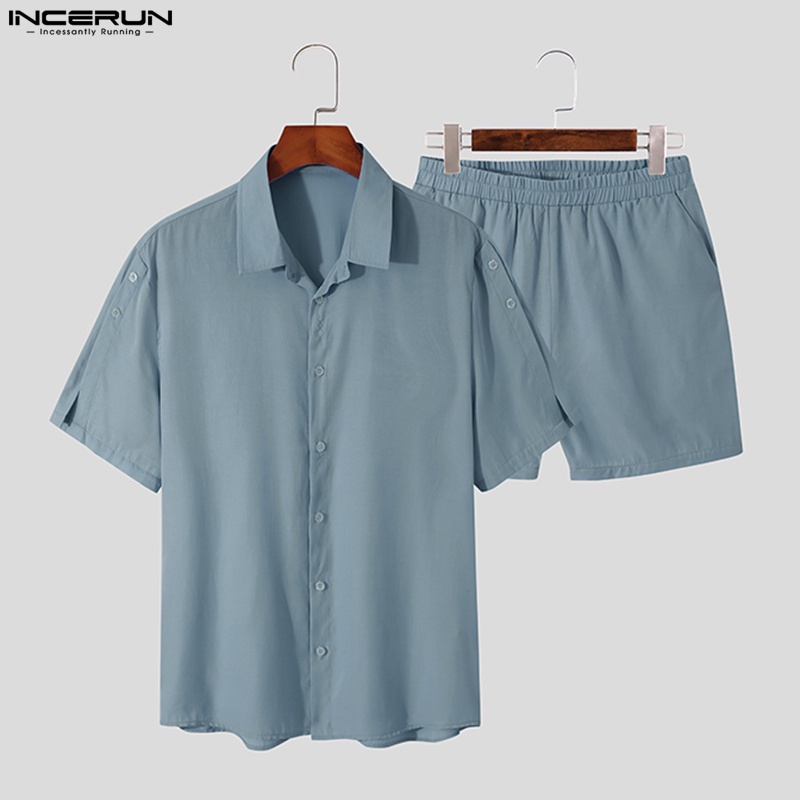INCERUN Bộ Áo Sơ Mi Ngắn Tay+Quần Short 3 Màu Thời Trang Mùa Hè Cho Nam