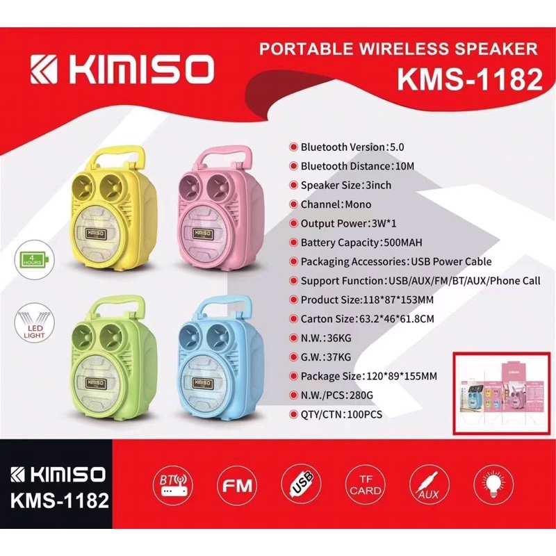 Loa Bluetooth Xách tay Kimiso Mini Km-1182 Có đèn Led Âm Thanh Chất Lượng Hỗ Trợ Cắm Thẻ nhớ Và USB