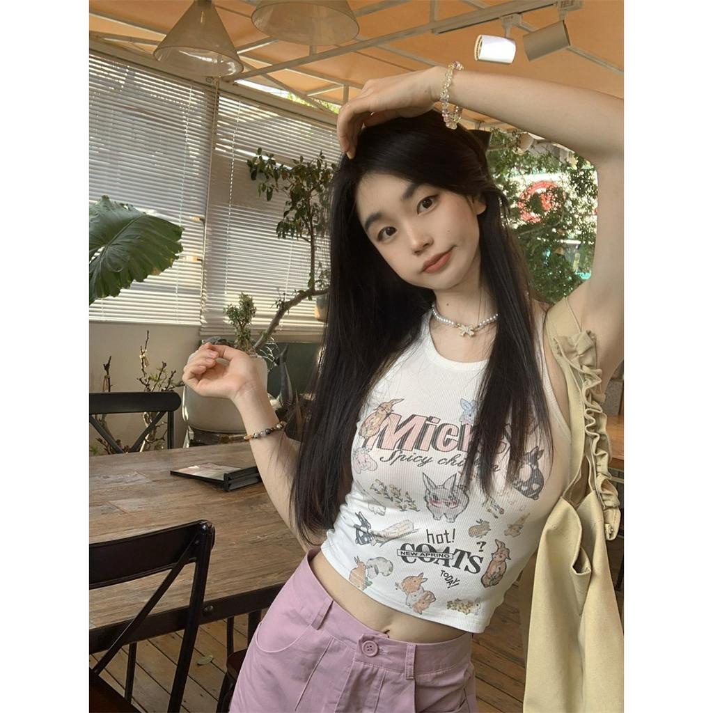 Áo Croptop Cổ Tròn Dáng Ôm In Họa Tiết Hoạt Hình Thời Trang Mùa Hè Cho Nữ