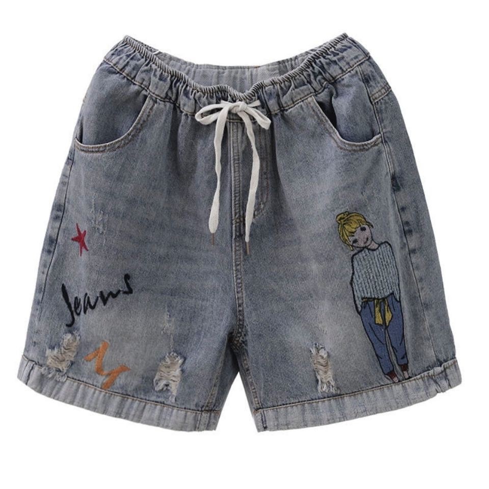 Quần short jean nữ cạp cao thêu họa tiết thời trang retro