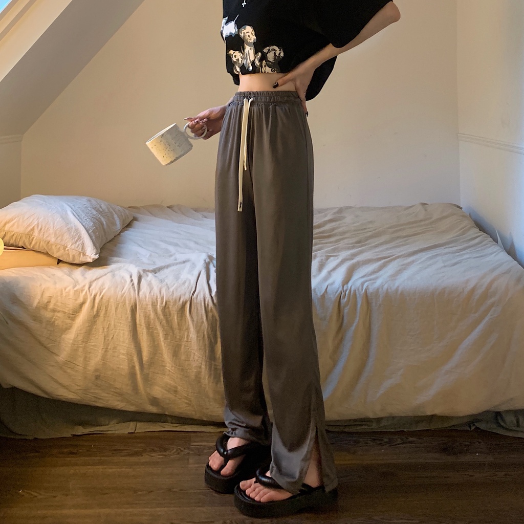 Quần ống rộng Lưng Cao Vải Lụa Mát Mỏng Phối Dây Rút 5 Màu Sắc Trẻ Trung