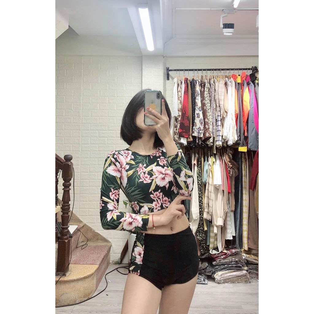 Bikini, Đồ Bơi Đi Biển Hai Mảnh Tay Dài Họa tiết Quần Phối Hoa ODERI HM-052