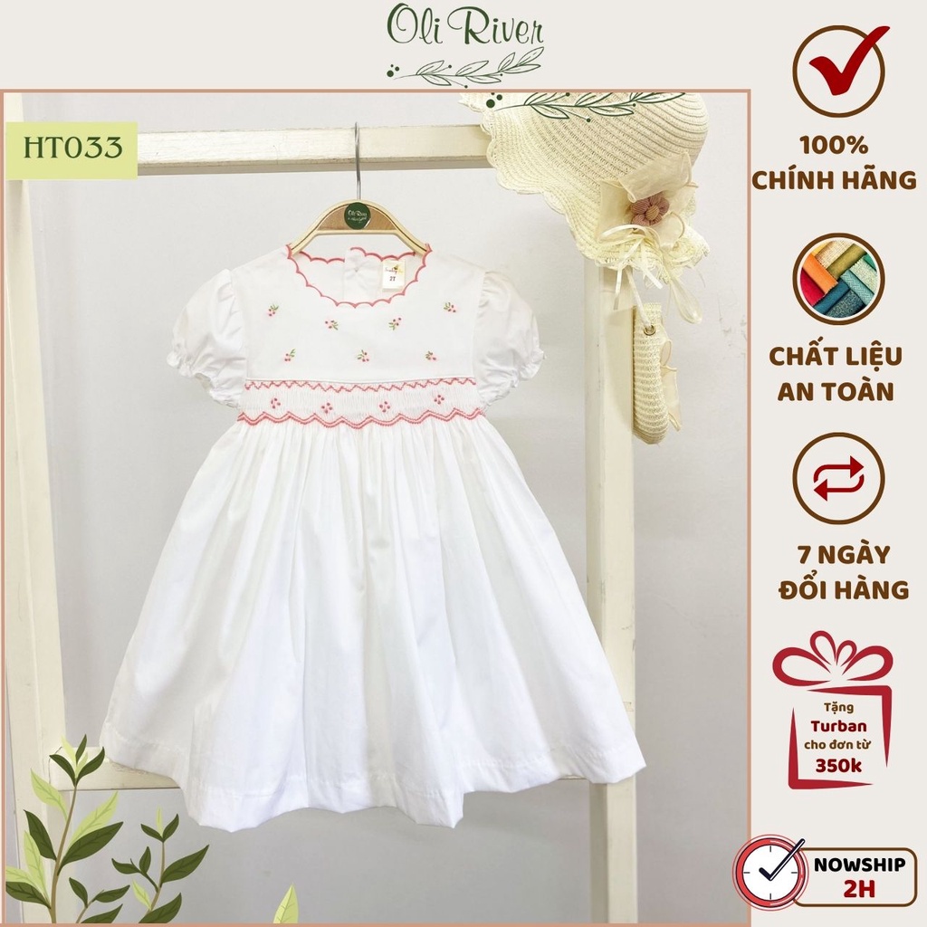 Váy Smock bé gái OLIRIVER tone màu trắng tay bồng bo chun dáng xòe chất liệu thô cho bé từ 1 - 7 tuổi - HT033