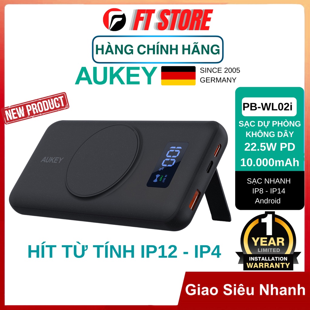 [GiAO HỎA TỐC] Pin dự phòng AUKEY Basix MagAir PB-WL02i 10000mAh, đế sạc không dây hít từ tính BH18TH