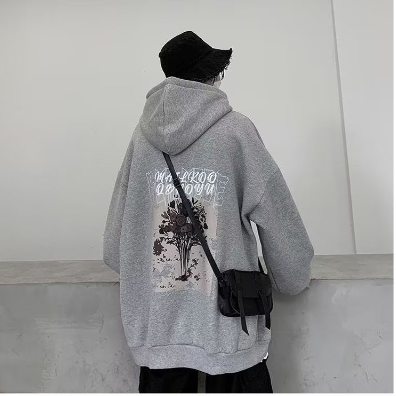 Áo Hoodie Unisex Dáng Rộng In Hình Hoa Hồng Thời Trang Size M-3XL