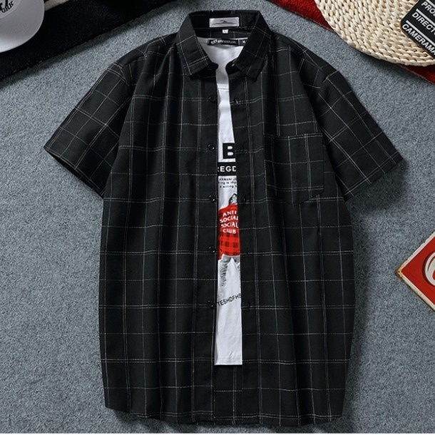 Áo khoác sơ mi tay ngắn dáng rộng họa tiết sọc caro thời trang cho nam