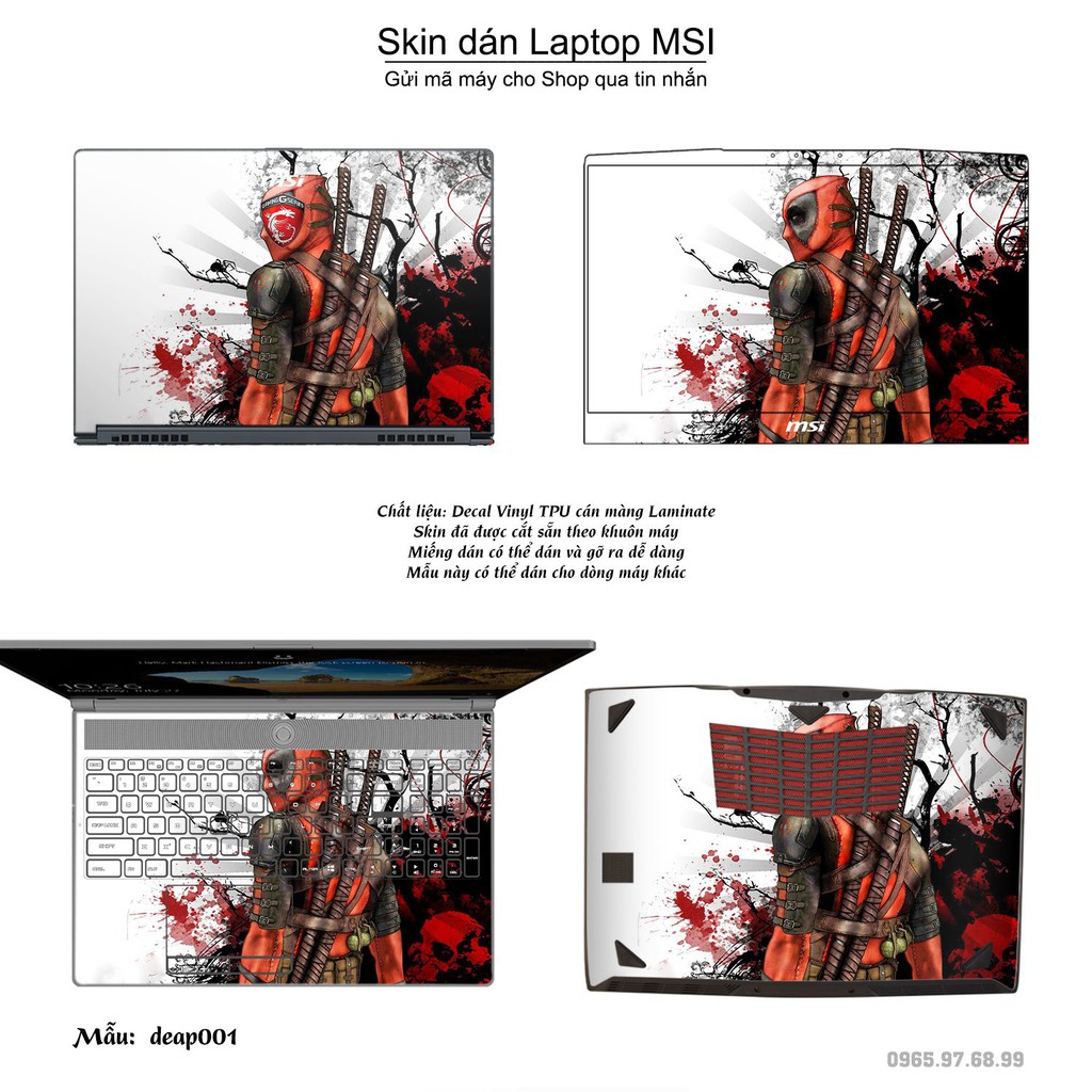 Skin dán Laptop MSI in hình Deadpool (inbox mã máy cho Shop)